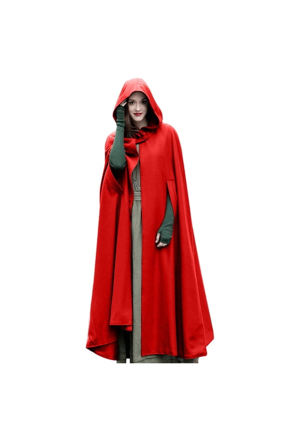 Womens Gothic Hooded Open Front Poncho Cape Coat Winter Wool Blend Maxi Outwear Jacket Cloak Red XL