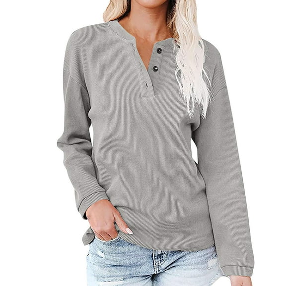 Hfyihgf Womens Henley Shirts V Neck Long Sleeve Button Down Tops Casual Loose Waffle Knit Tees Gray XL