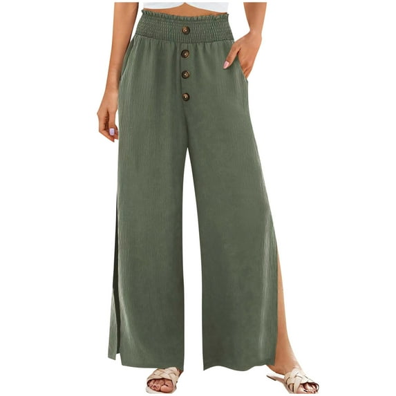 Hfyihgf Womens High Waisted Pants Wide Leg Side High Slit Long Palazzo Pants Summer Casual Loose Flowy Beach Trousers with Pockets(Army Green,XXL)