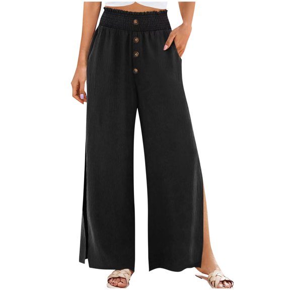 Hfyihgf Womens High Waisted Pants Wide Leg Side High Slit Long Palazzo Pants Summer Casual Loose Flowy Beach Trousers with Pockets(Black,L)
