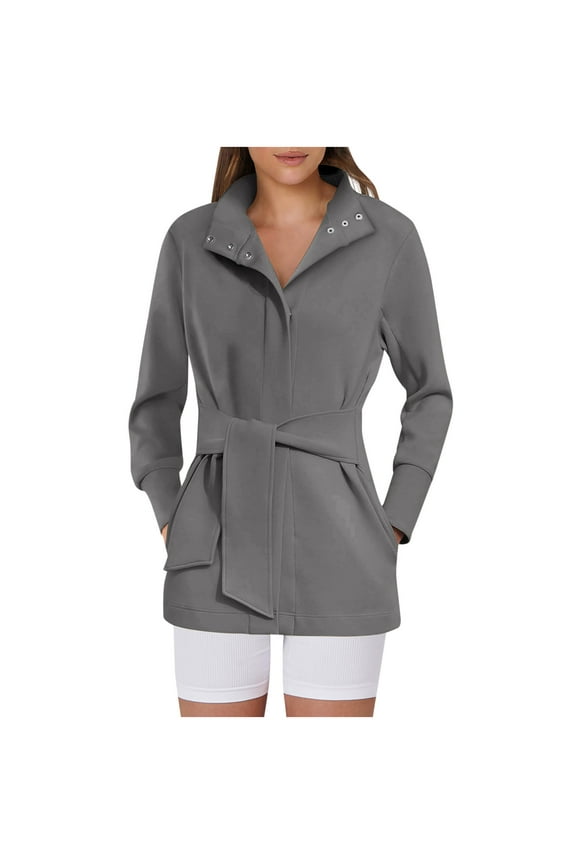 Womens Jacket Belted Casual Long Sleeve Wrap Trench Coat 2024 Fall Trendy Button Up Dressy Outerwear with Pockets(Gray,M)
