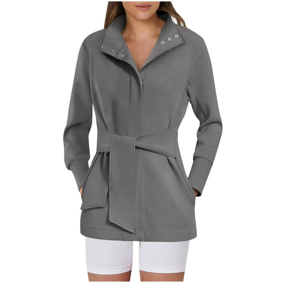 Hfyihgf Womens Jacket Belted Casual Long Sleeve Wrap Trench Coat 2024 Fall Trendy Button Up Dressy Outerwear with Pockets(Gray,XL)