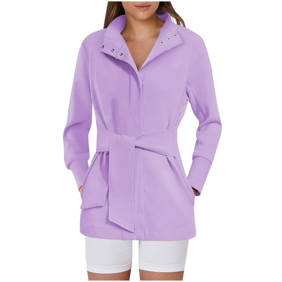 Hfyihgf Womens Jacket Belted Casual Long Sleeve Wrap Trench Coat 2024 Fall Trendy Button Up Dressy Outerwear with Pockets(Purple,S)