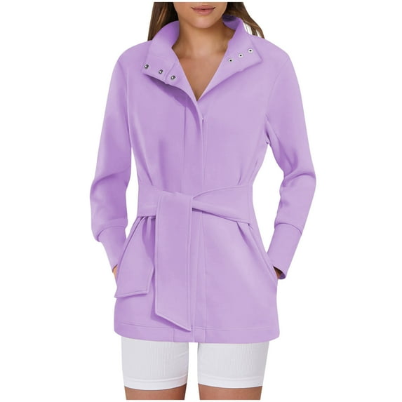 Hfyihgf Womens Jacket Belted Casual Long Sleeve Wrap Trench Coat 2024 Fall Trendy Button Up Dressy Outerwear with Pockets(Purple,S)