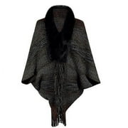 Hfyihgf Womens Knit Open Front Faux Fur Trim Layers Poncho Cape Cardigan Sweater Fringes Shawl Tops Black One Size