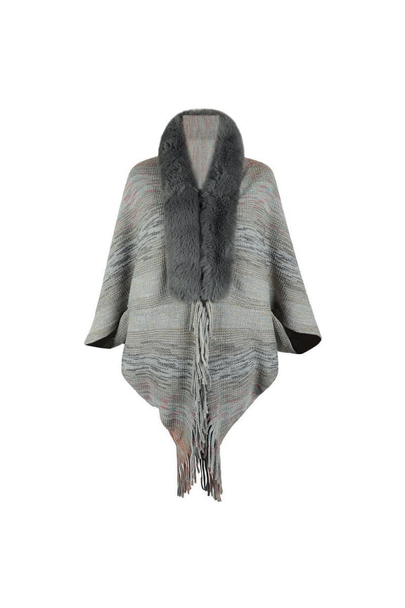 Womens Knit Open Front Faux Fur Trim Layers Poncho Cape Cardigan Sweater Fringes Shawl Tops Gray One Size