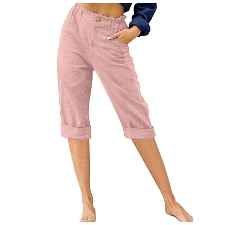 Hfyihgf Womens Linen Buttons Cropped Pants High Elastic Waist with Pockets  for Summer Casual Work Straight Leg Cropped Pants Stretch Capris(Pink,S)