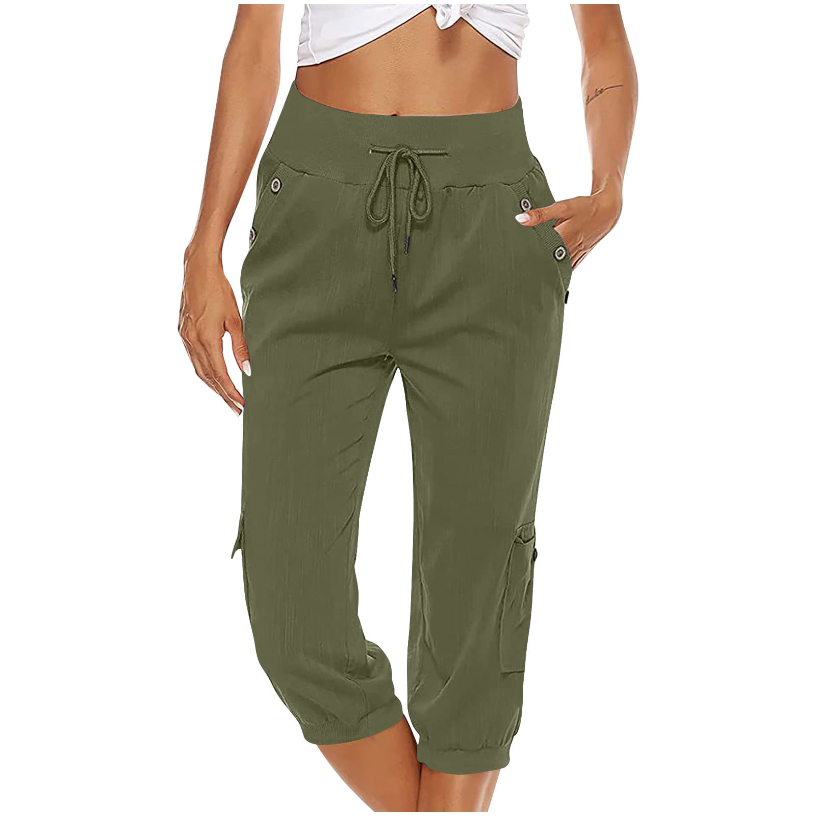 Hfyihgf Womens Linen Capri with 4 Pockets Loose Fit Casual Cropped Pants  Dressy Lightweight Plus Size Ladies Baggy Cargo Pants for Hiking(Army
