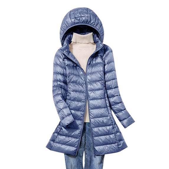 Hfyihgf Womens Long Puffer Jacket Plus Size Lightweight Down Coat with Detachable Hood Long Sleeve Full Zipper Packable Winter Warm Jacket Outwear Blue XXL