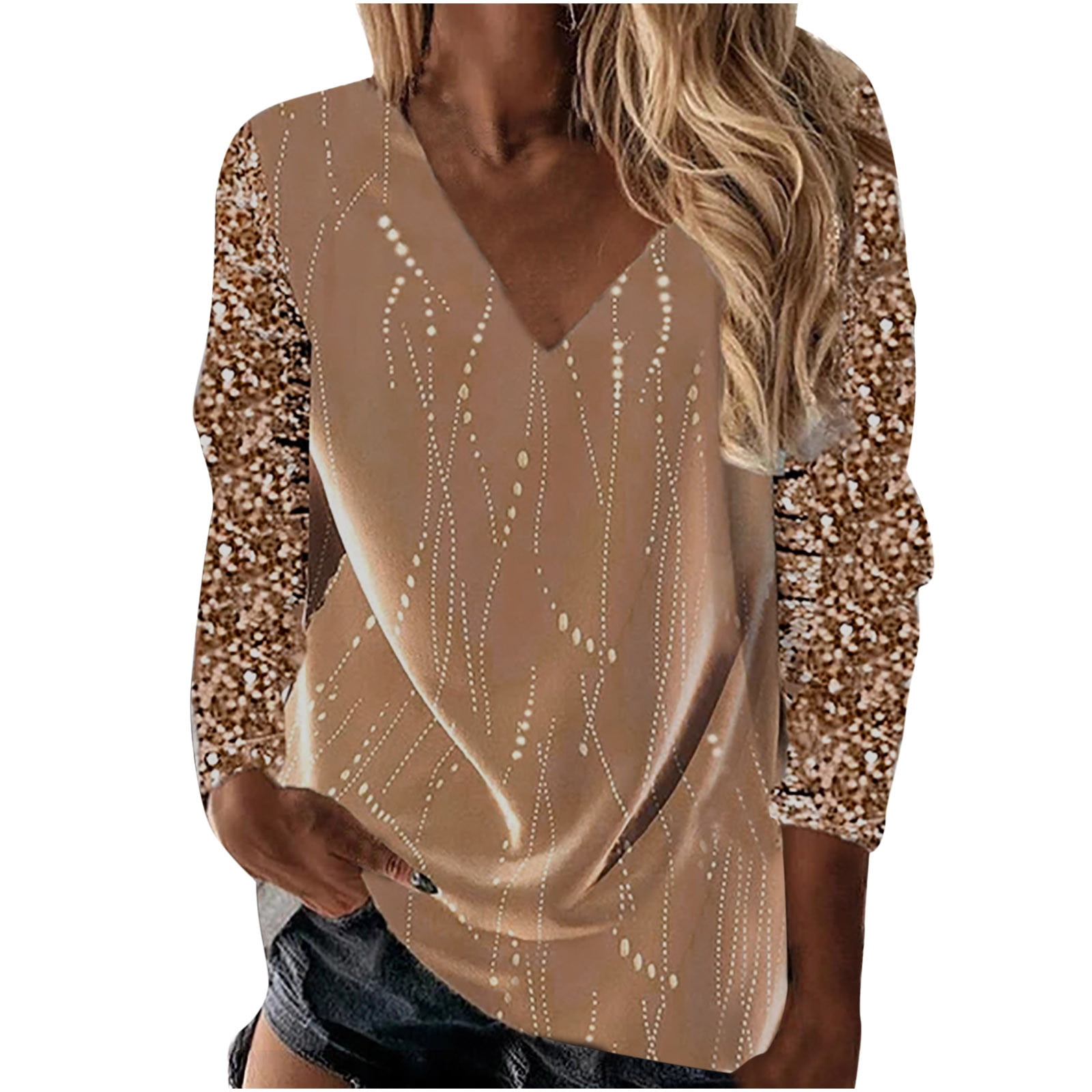 Hfyihgf Womens Long Sleeve Tunic Tops Ladies Casual V Neck Loose T Shirts  Spring Fall Printed Pullover Tees Gold L