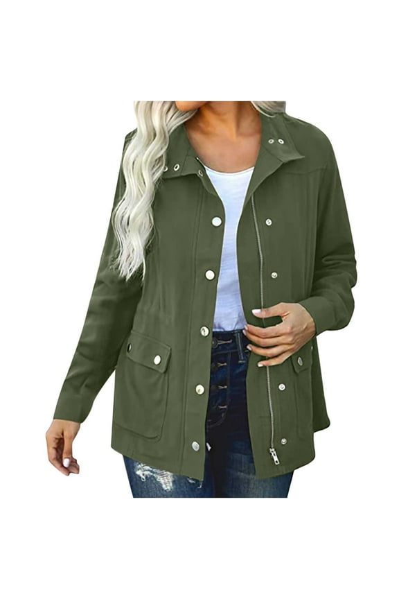 Womens Military Jacket Zip Up Snap Buttons Lightweight Utility Coat Long Sleeve Solid Color Outwear with Pockets Army Green L