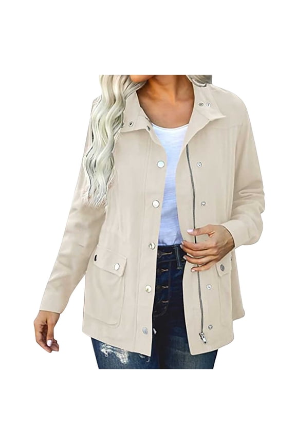 Womens Military Jacket Zip Up Snap Buttons Lightweight Utility Coat Long Sleeve Solid Color Outwear with Pockets Beige L