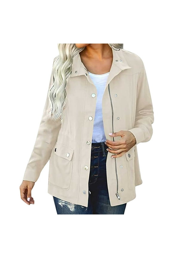 Womens Military Jacket Zip Up Snap Buttons Lightweight Utility Coat Long Sleeve Solid Color Outwear with Pockets Beige XL