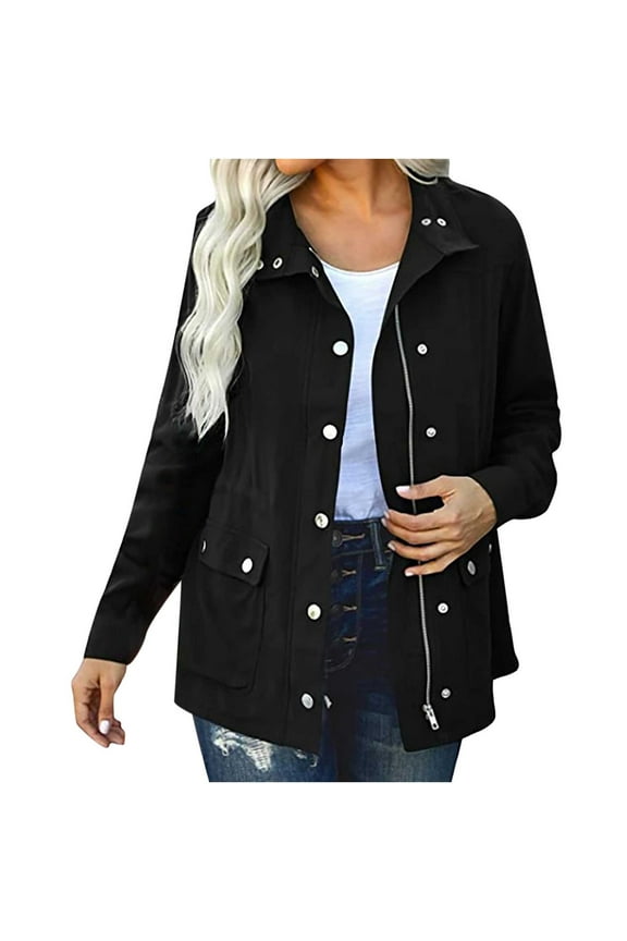 Womens Military Jacket Zip Up Snap Buttons Lightweight Utility Coat Long Sleeve Solid Color Outwear with Pockets Black XL