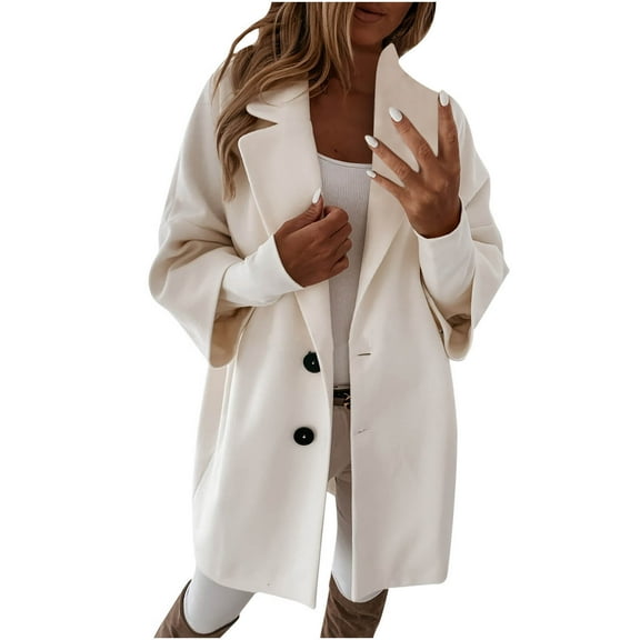 Hfyihgf Womens Notched Lapel Coat Long Sleeve Classic Single Breasted Pea Coat Winter Wool Blend Long Trench Overcoat Outwear White M