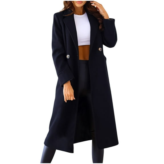 Hfyihgf Womens Notched Lapel Collar Double Breasted Pea Coat Winter Wool Blend Overcoats Long Jackets Black XL