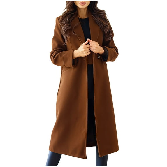 Hfyihgf Womens Notched Lapel Collar Double Breasted Pea Coat Winter Wool Blend Overcoats Long Jackets Brown XXL