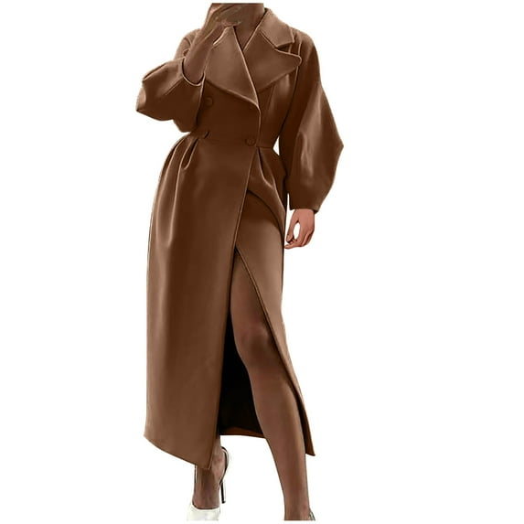 Hfyihgf Womens Oversized Long Trench Coat Puff Long Sleeve Notch Lapel Wool Peacoat Trendy Winter Warm Button Down High Waist Overcoat(Coffee,XXL)