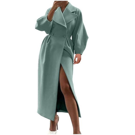 Hfyihgf Womens Oversized Long Trench Coat Puff Long Sleeve Notch Lapel Wool Peacoat Trendy Winter Warm Button Down High Waist Overcoat(Green,M)