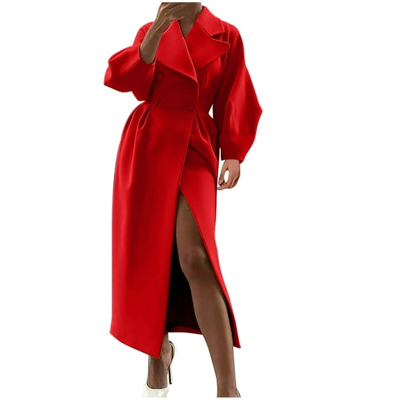 Hfyihgf Womens Oversized Long Trench Coat Puff Long Sleeve Notch Lapel Wool Peacoat Trendy Winter Warm Button Down High Waist Overcoat(Red,L)