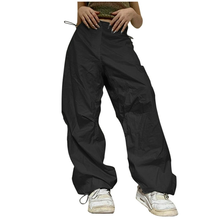  Xineicy Parachute Pants for Women Drawstring Baggy Cargo Pants  Y2K Trouser Low Rised Jogger Sweatpants Loose Hip Hop A Black : Clothing,  Shoes & Jewelry