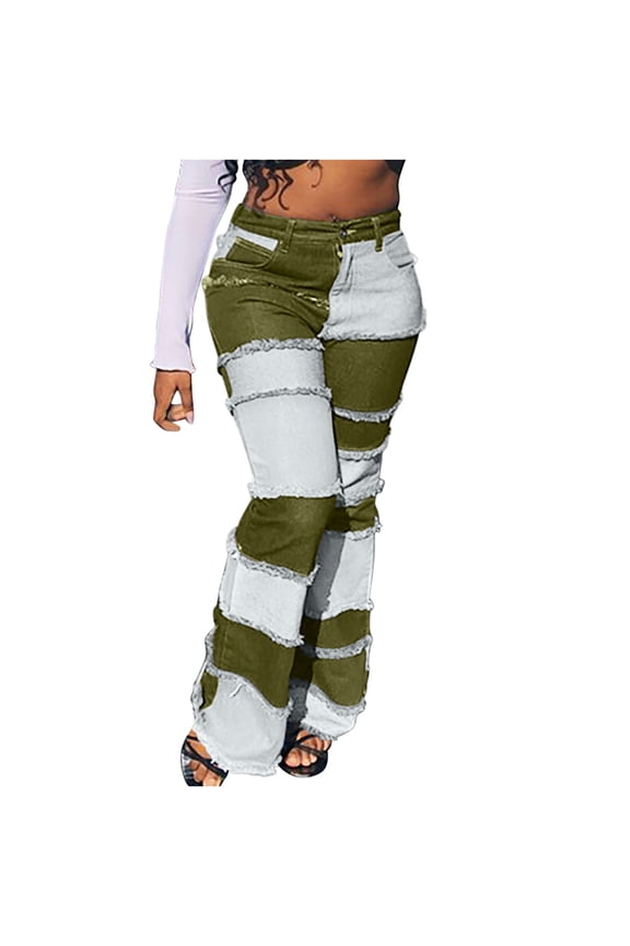 Womens Patchwork Flare Jeans High Waisted Stretch Denim Pants Girls Fashion Color Block Patch Jeans(Army Green,M)