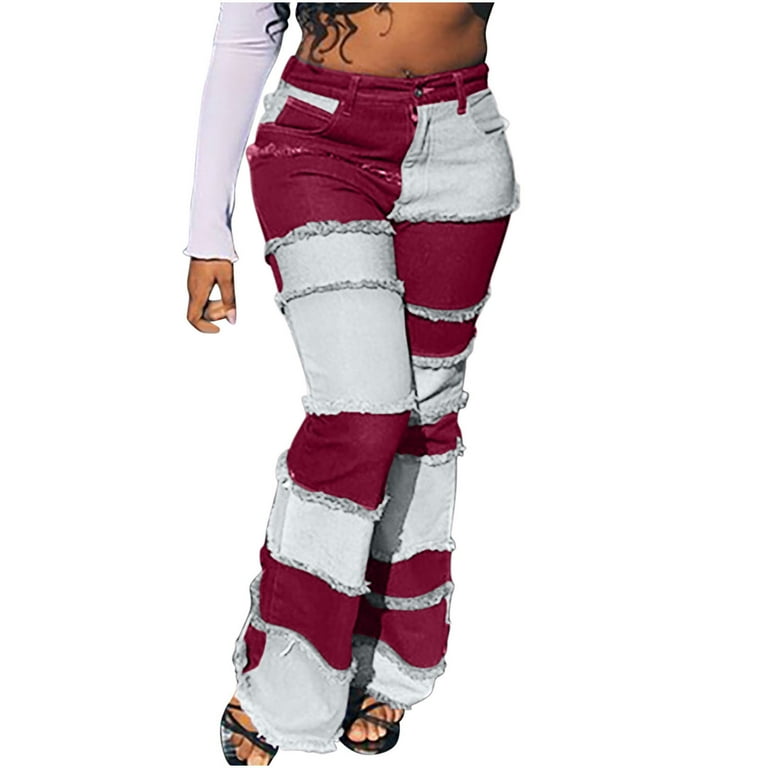 Hfyihgf Womens Patchwork Flare Jeans High Waisted Stretch Denim Pants Girls Fashion Color Block Patch Jeans Red XXL