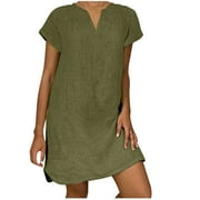 Hfyihgf Womens Plus-Size Dresses Solid Cotton Linen Kaftan T-Shirt Dresses Short Sleeve V-Neck Vacation Casual Mini Sun Dress(Army Green,L)