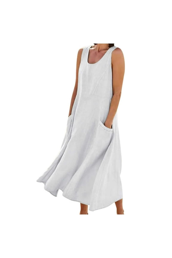 Womens Plus Size Summer Cotton Linen Tank Dress Sleeveless Crewneck Loose Baggy Kaftan Beach Long Maxi Dresses With Pockets(White,3XL)