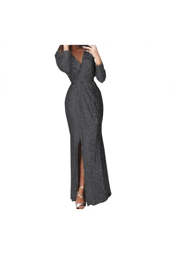 Womens Sequin Evening Dress Wrap V Neck Long Sleeve Side Split Formal Ball Gowns(Black,S)