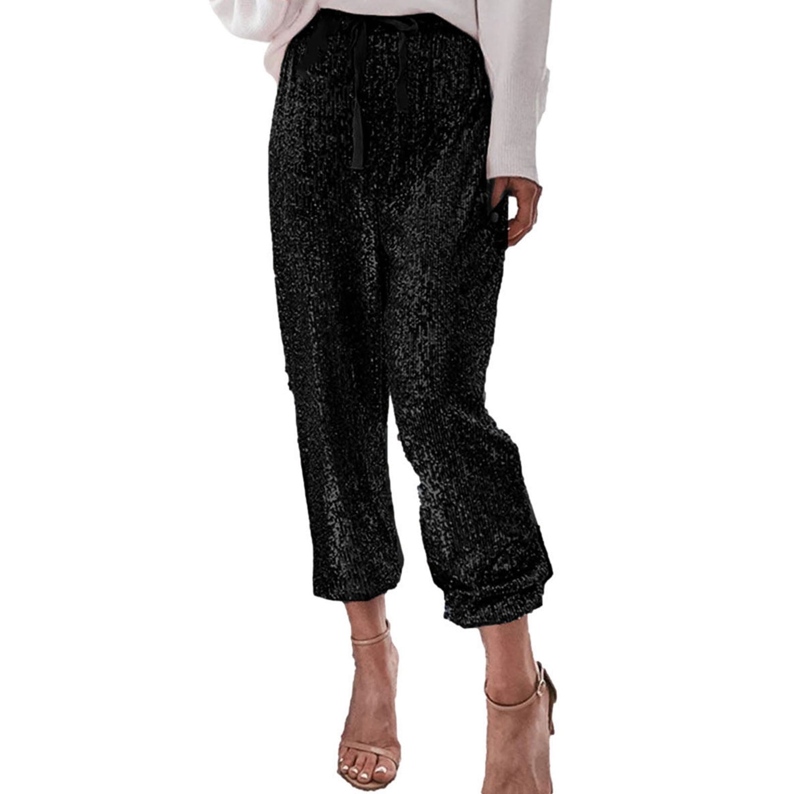 Hfyihgf Womens Sequin Glitter Pants Drawstring Waist Baggy Joggers Pant Hip  Hop Party Club Wear Shiny Trousers(Black,S) 