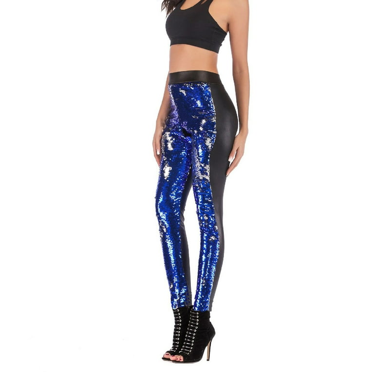 Hfyihgf Womens Sexy Shinny Pants Stretchy Reversible Sequins Leggings for  Evening Party Club Night Out Sparkle Trousers(Blue,M) 