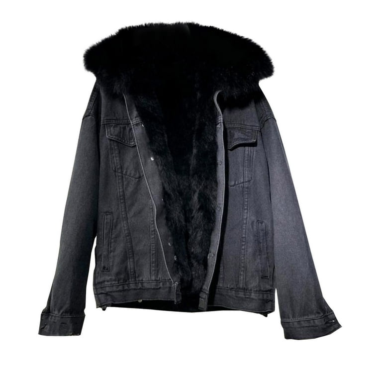 Black fur lined clearance denim jacket womens