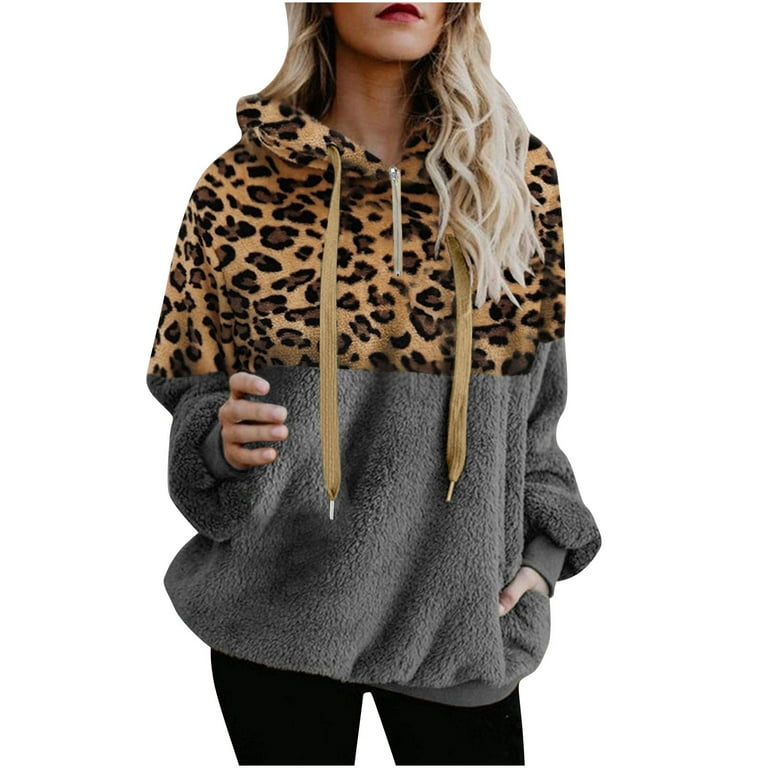Hfyihgf Womens Sherpa Pullover Leopard Printed Color Block Athletic Fuzzy  Drawstring Hoodie Double Fleece Half Zip Sweatshirts Pockets Oversized