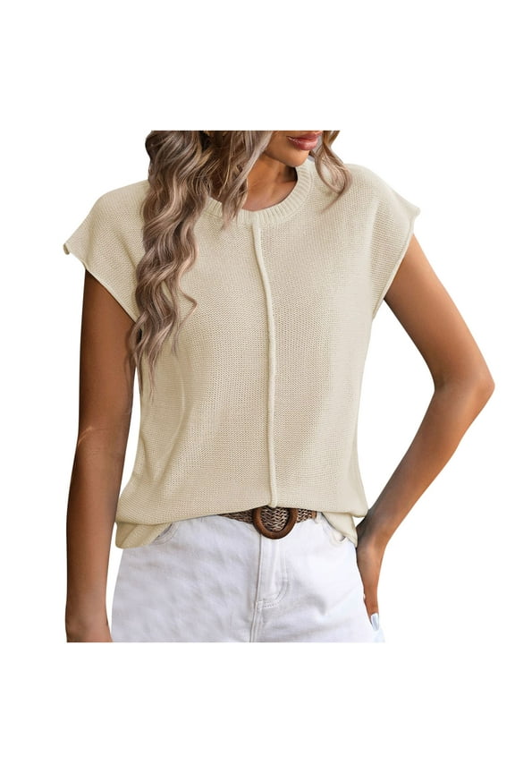 Womens Sleeveless Sweater Vest Loose Fit Cape Sleeve Crewneck Knit Ribbed Tank Tops Lightweight Trendy T Shirts(Khaki,L)