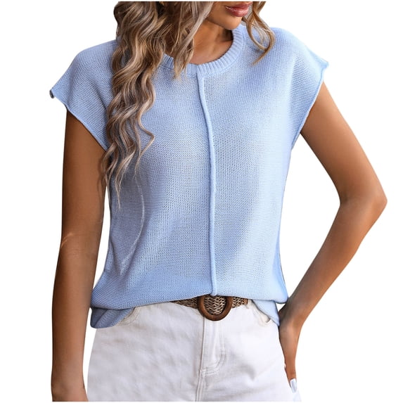 Hfyihgf Womens Sleeveless Sweater Vest Loose Fit Cape Sleeve Crewneck Knit Ribbed Tank Tops Lightweight Trendy T Shirts(Light Blue,L)