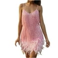 thumbnail image 1 of Hfyihgf Womens Spaghetti Strap Club Dress Sleeveless V Neck Sequins Tassel Feather Dance Costume Cocktail Party Mini Dresses（Pink,M), 1 of 8