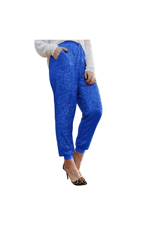Womens Sparkly Sequin Pants Casual Drawstring Elastic Waist Glitter Joggers Pants Bling Party Clubwear Trousers with Pockets(Blue,XL)