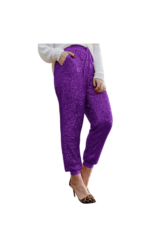 Womens Sparkly Sequin Pants Casual Drawstring Elastic Waist Glitter Joggers Pants Bling Party Clubwear Trousers with Pockets(Purple,XXL)