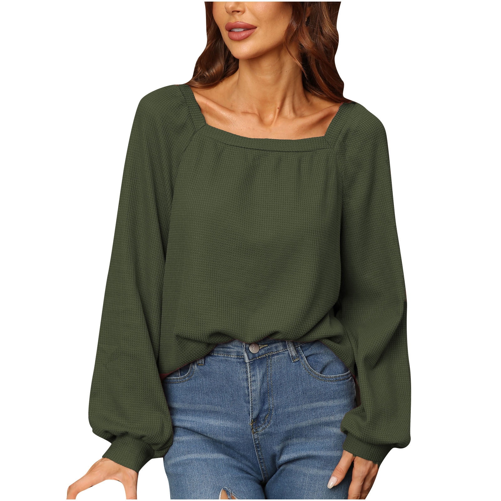 Hfyihgf Womens Square Neck Tops Casual Waffle Knit Lantern Long Sleeve  Shirts Solid Color Pullover Blouse（Green,M)