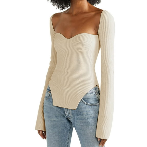Hfyihgf Womens Square Sweetheart Neck Asymmetrical Hem Ribbed Knit Sweater Solid Long Sleeve Slim Fit Pullovers Jumper Tops(Beige,L)