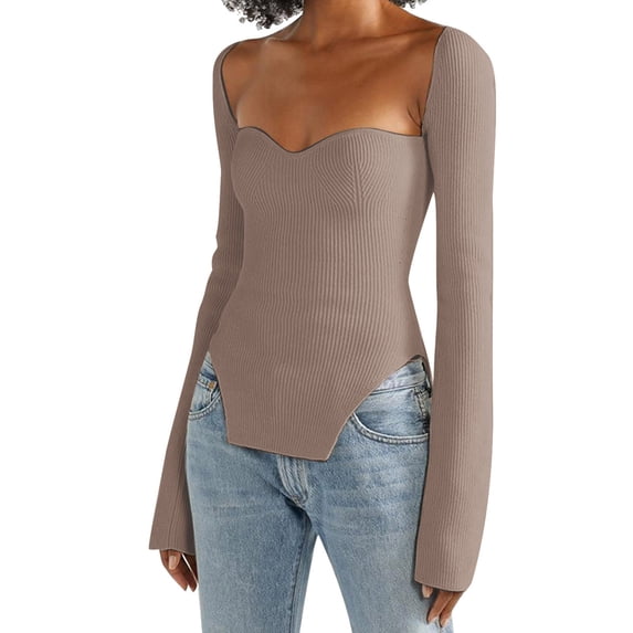 Hfyihgf Womens Square Sweetheart Neck Asymmetrical Hem Ribbed Knit Sweater Solid Long Sleeve Slim Fit Pullovers Jumper Tops(Khaki,S)
