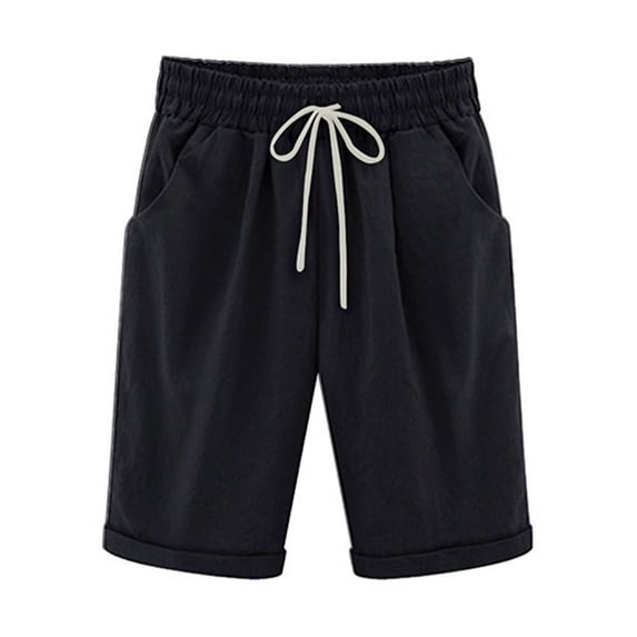 Hfyihgf Womens Summer Cotton Linen Lounge Pants Loose Drawstring Elastic Waist Comfy Pure Color Shorts with Pockets(Black,L)
