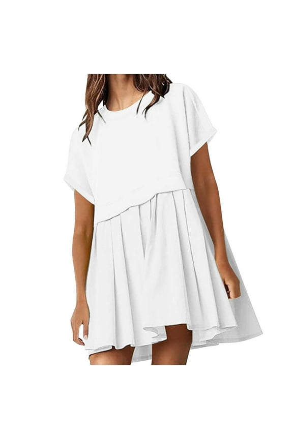 Womens Summer Dress Oversized Casual Crew Neck Short Sleeve Dresses Patchwork Pleated A Line Beach Boho Mini Dress