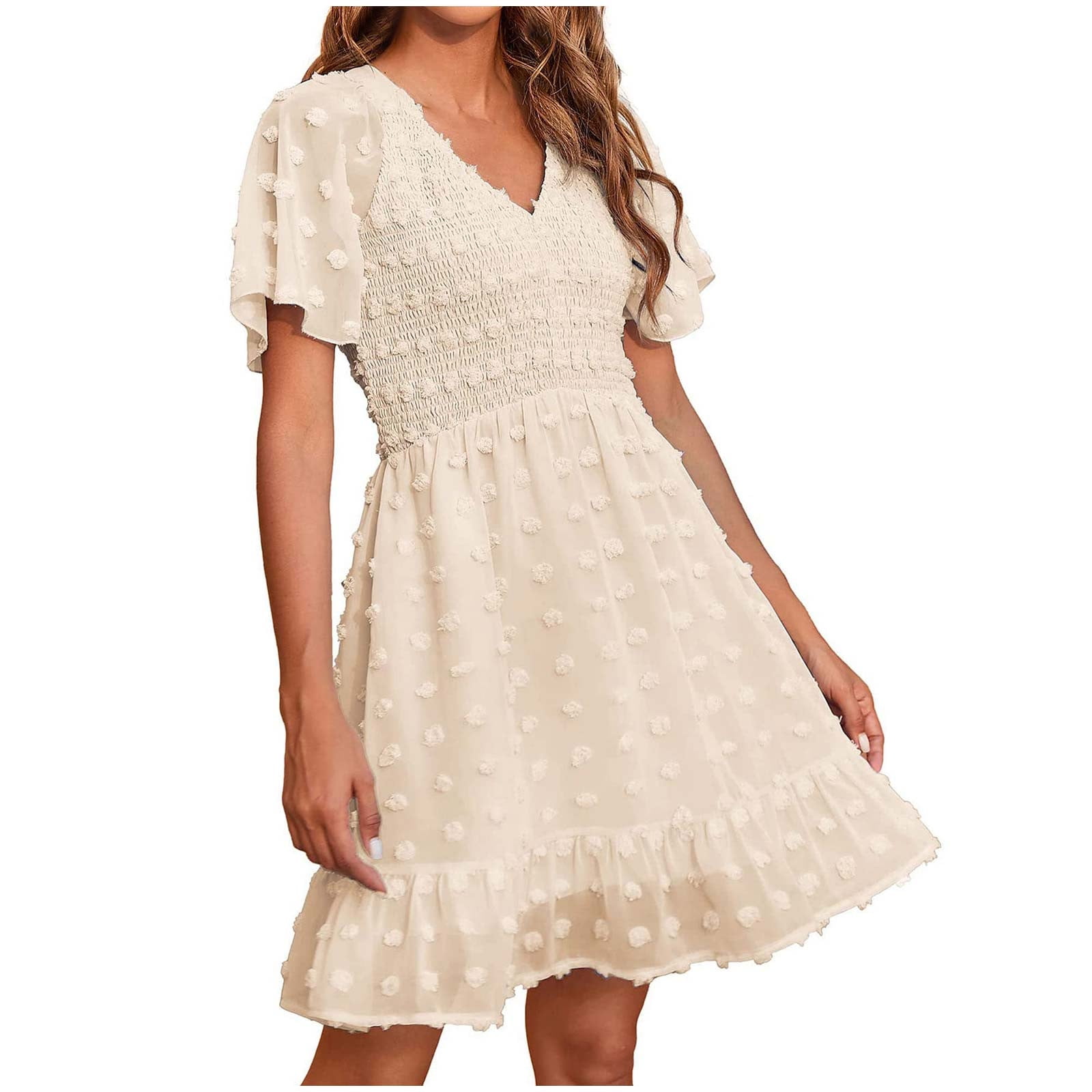 Hfyihgf Womens Summer Smocked Dress Short Flutter Sleeve V Neck Swiss Dot  Babydoll Ruffle Hem Mini Dress A-Line Swing Flowy Dress(Beige,M) - Walmart  Business Supplies