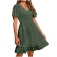 thumbnail image 1 of Hfyihgf Womens Summer Smocked Dress Short Flutter Sleeve V Neck Swiss Dot Babydoll Ruffle Hem Mini Dress A-Line Swing Flowy Dress(Green,L), 1 of 8