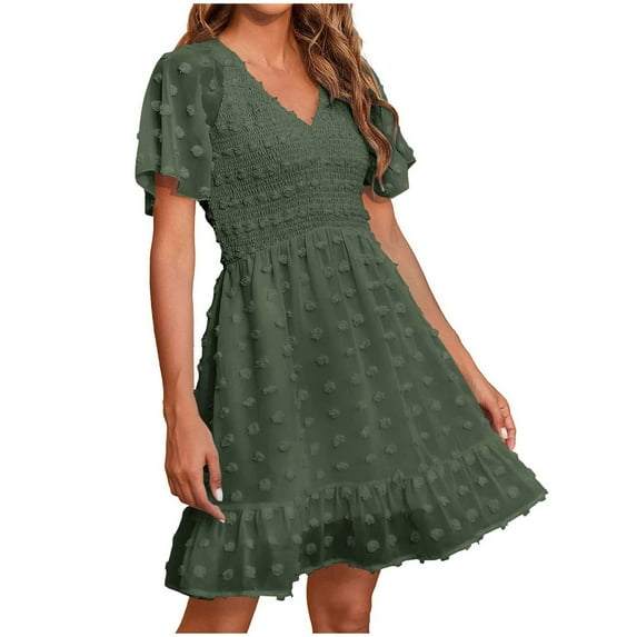 Hfyihgf Womens Summer Smocked Dress Short Flutter Sleeve V Neck Swiss Dot Babydoll Ruffle Hem Mini Dress A-Line Swing Flowy Dress(Green,L)