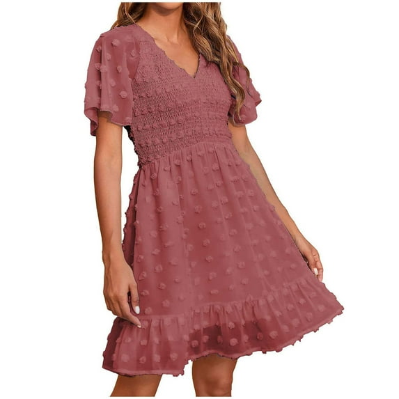 Hfyihgf Womens Summer Smocked Dress Short Flutter Sleeve V Neck Swiss Dot Babydoll Ruffle Hem Mini Dress A-Line Swing Flowy Dress(Pink,L)