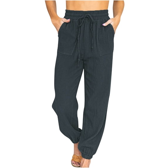 Hfyihgf Womens Tapered Pants Cotton Linen Lace-Up Elastic Waist Jogger Sweatpants Lounge Trousers with Pockets(Dark Gray,3XL)