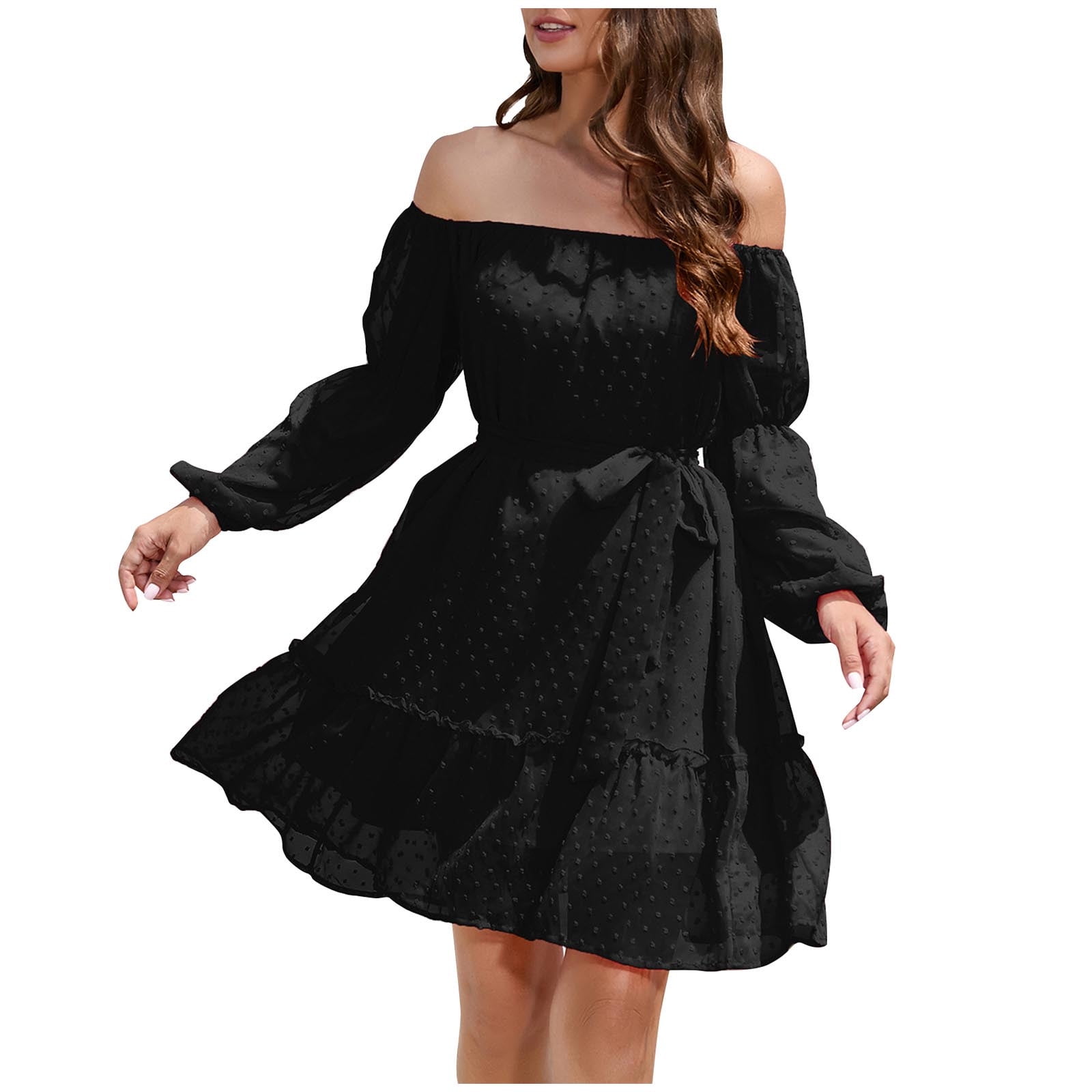 Hfyihgf Womens Tie Waist Ruffle Dress Off Shoulder Lantern Long Sleeve Chiffon Short Dresses A-Line Casual Swiss Dot Swing Dress(Black,XL) - Walmart.com Hfyihgf Womens Tie Waist Ruffle Dress Off Shoulder Lantern Long Sleeve Chiffon Short Dresses A-Line Casual Swiss Dot Swing Dress(Black,XL) - Walmart.com